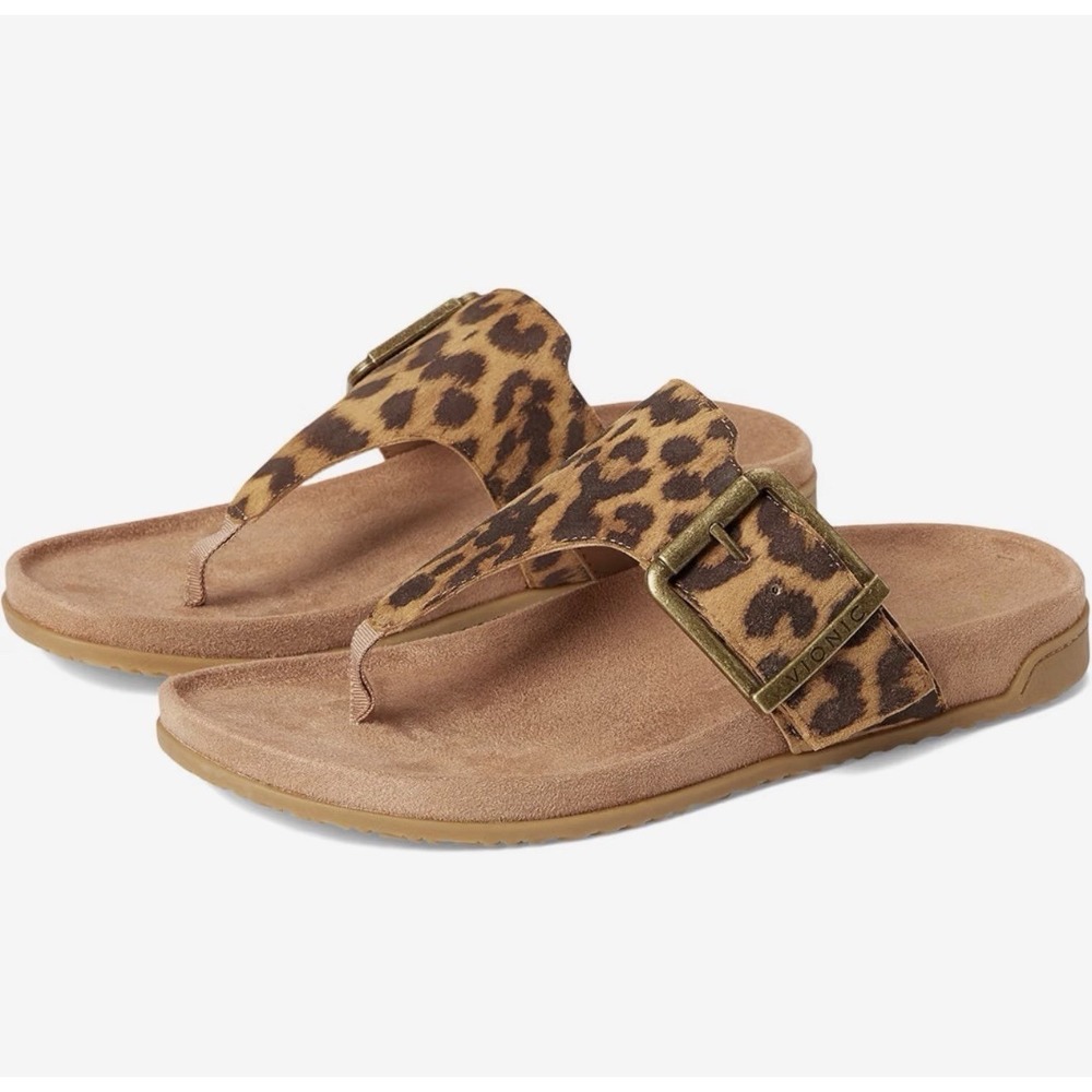 Vionic Emma Leopard Animal Sz 9 Thong Slip On Sandals Brass Buckle Leather NEW
